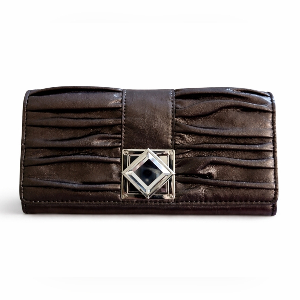 Michael Kors Metallic Ruched Leather Clutch Wallet w/ Jewel Clasp